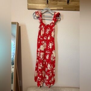 Red Floral Maxi Dress with Ruffle Straps